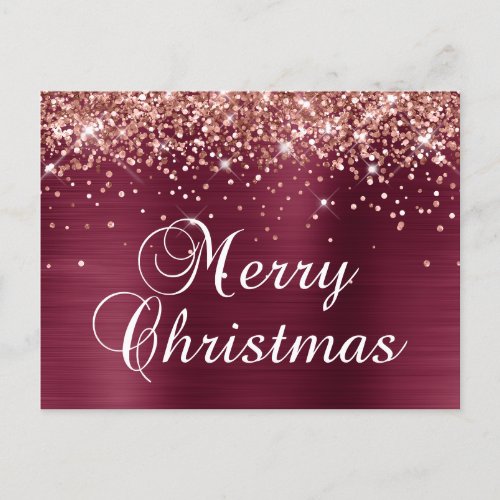 Merry Christmas Rose Gold Glitter Burgundy Foil Holiday Postcard