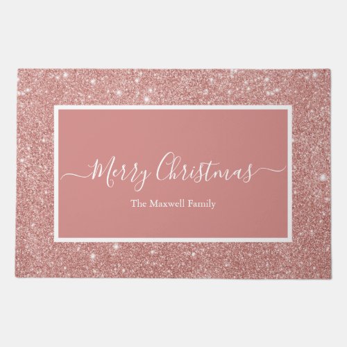 Merry Christmas rose gold glitter family name Door Doormat