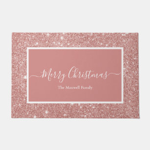 Merry Christmas rose gold glitter family name Door Doormat