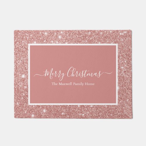 Merry Christmas rose gold glitter family name Doormat