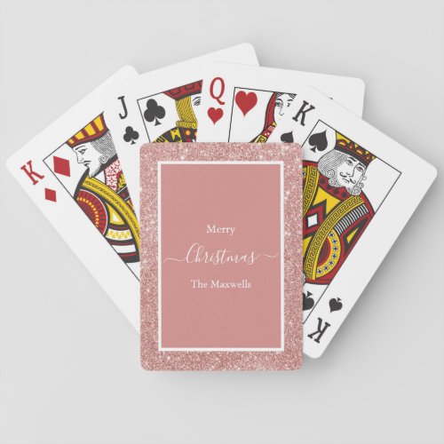 Merry Christmas rose gold glitter family name Playing Cards