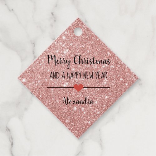 Merry Christmas rose gold glitter name Favor Tags