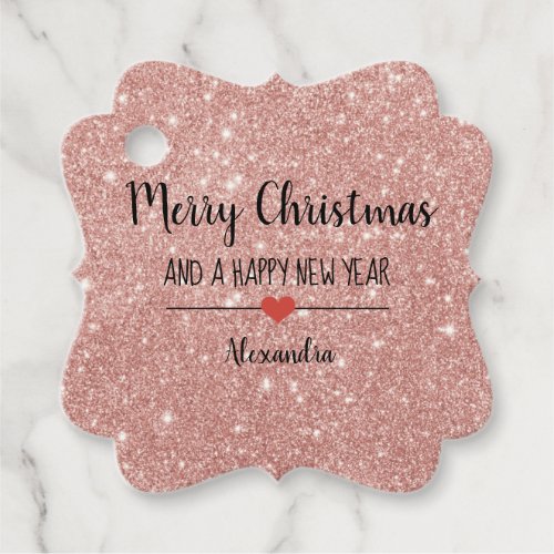 Merry Christmas rose gold glitter name Favor Tags