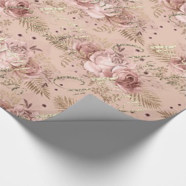 Merry Christmas Rose Gold Glitter Script Floral Wrapping Paper