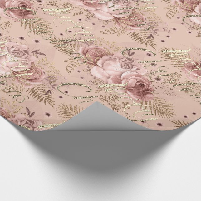 Merry Christmas Rose Gold Glitter Script Floral Wrapping Paper (Corner)