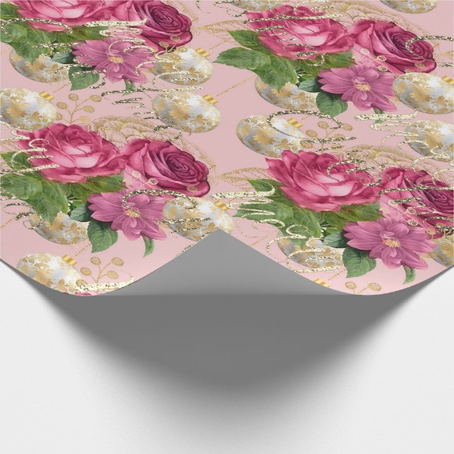 Merry Christmas Rose Gold Glitter Script PinkGreen Wrapping Paper (Corner)