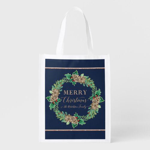 Merry Christmas Rose Gold Navy Script Typography Grocery Bag