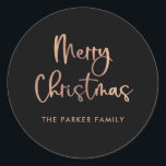 Merry Christmas | Rose Gold on Black Casual Script Classic Round Sticker<br><div class="desc">These simple and stylish,  faux rose gold and black holiday stickers say "Merry Christmas" in modern,  casual script typography.</div>