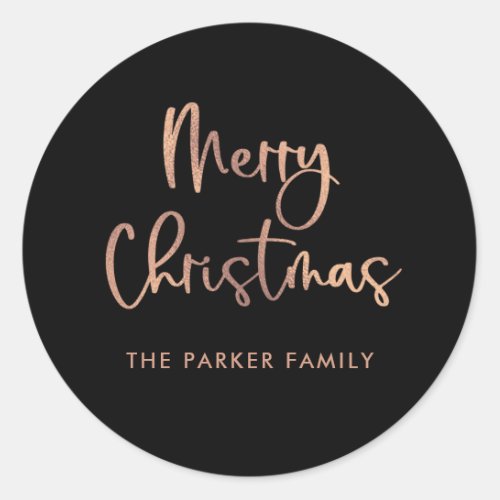 Merry Christmas  Rose Gold on Black Casual Script Classic Round Sticker