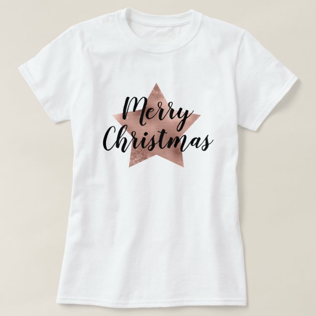 Merry Christmas Rose Gold Pink Star T-Shirt (Design Front)