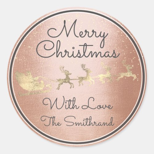 Merry Christmas Rose Gold Santa Reindeer Sleight  Classic Round Sticker