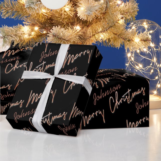Merry Christmas Rose Gold Script From Name Black  Wrapping Paper (Holidays)