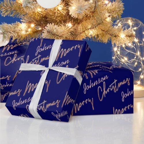 Merry Christmas Rose Gold Script From Name Blue  Wrapping Paper