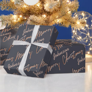 Merry Christmas Rose Gold Script From Name Gray Wrapping Paper