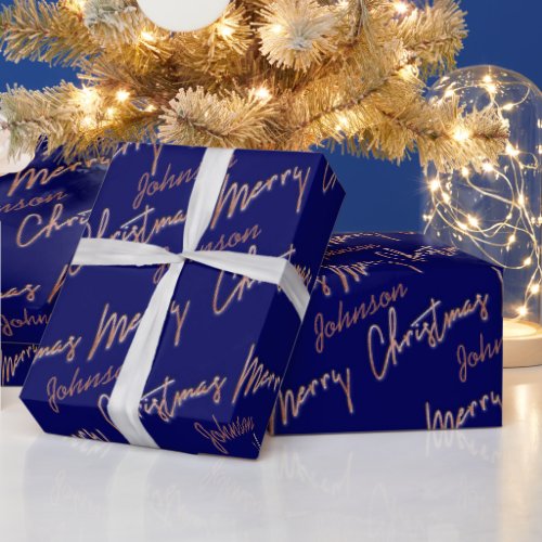 Merry Christmas Rose Gold Script From Name Navy Wrapping Paper