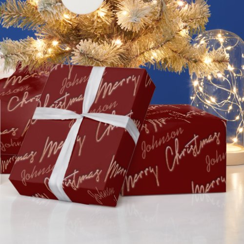 Merry Christmas Rose Gold Script Name Burgundy Wrapping Paper