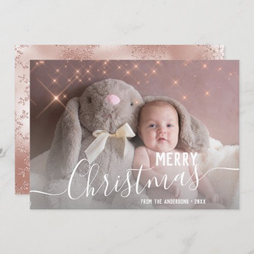 Merry Christmas Rose Gold Snowflakes Custom Photo  Holiday Card