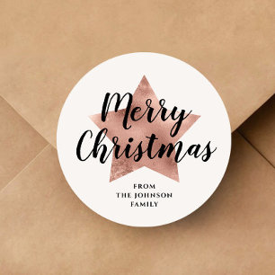 Merry Christmas Rose Gold Star Classic Round Sticker