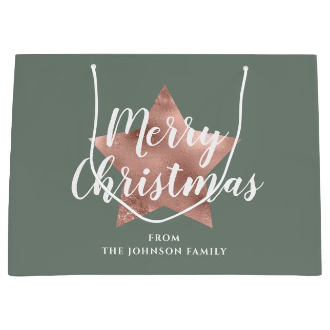 Merry Christmas Rose Gold Star Sage Green Large Gift Bag (Front)