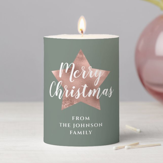 Merry Christmas Rose Gold Star Sage Green Pillar Candle (In Situ)