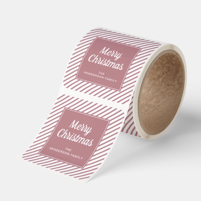 Merry Christmas Rose Gold Stripes Square Sticker (Roll)
