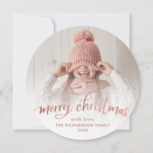 Merry Christmas  Rose Gold Typography and Photo Holiday Card