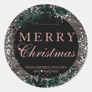 Merry Christmas rose gold wood green leaf snow Classic Round Sticker