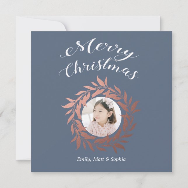 Merry Christmas Rose Gold Wreath Blue White Photo Holiday Card (Front)