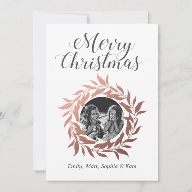 Merry Christmas Rose Gold Wreath Photo Holiday Card (Front)