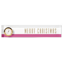 MERRY CHRISTMAS Rosy Pink White Stripes Clock