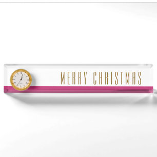 MERRY CHRISTMAS Rosy Pink White Stripes Clock Desk Name Plate