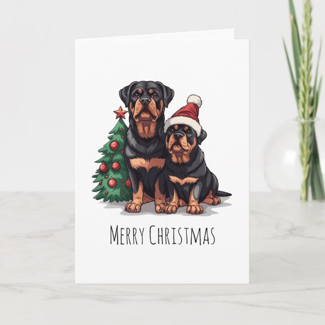 Merry Christmas Rottweiler Dog Christmas Tree Holiday Card (Front)