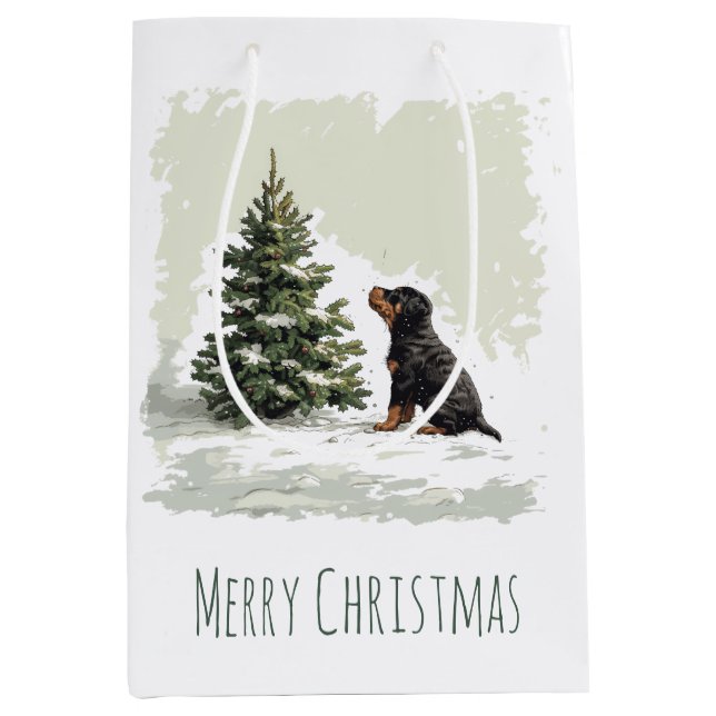 Merry Christmas Rottweiler Dog Christmas Tree Medium Gift Bag (Front)