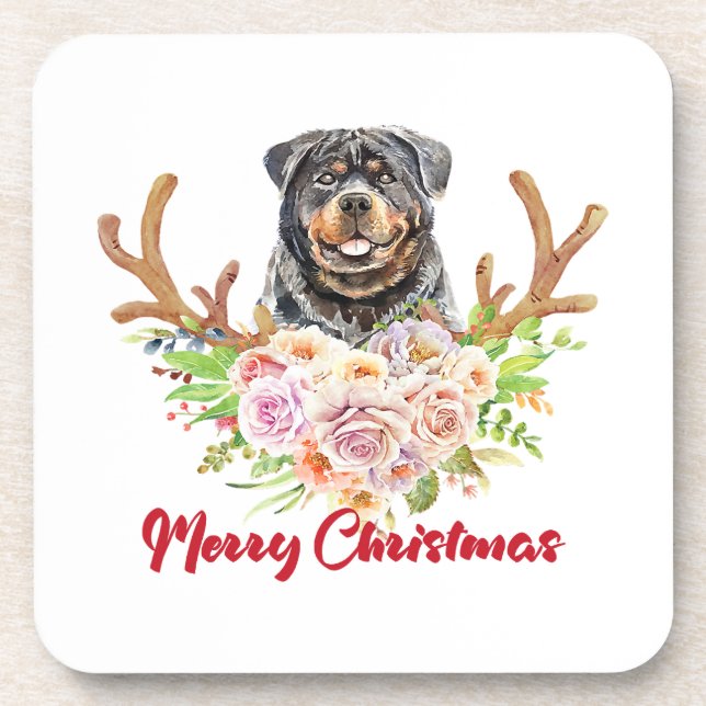 Merry Christmas Rottweiler Dog Reindeer Xmas Dog Beverage Coaster (Front)