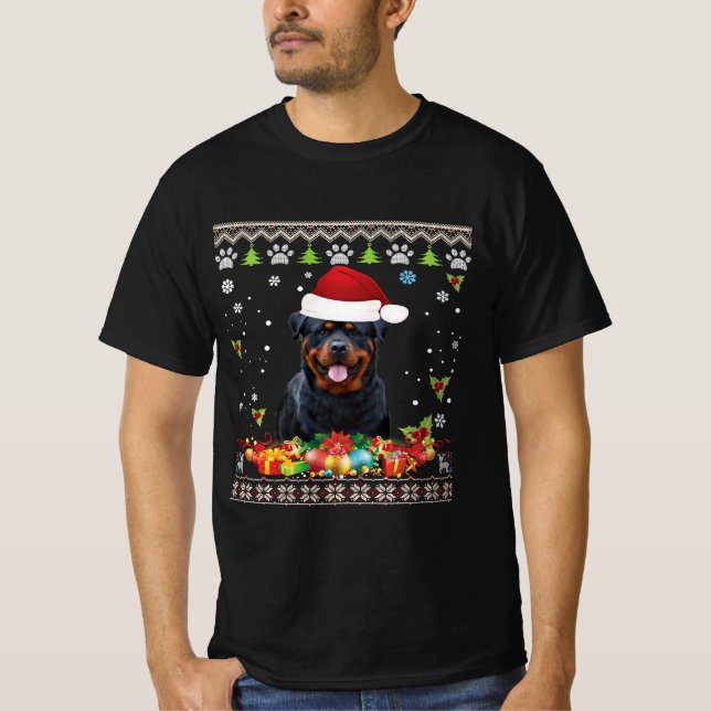 Merry Christmas Rottweiler Dog Ugly Santa Hat T-Shirt (Front)