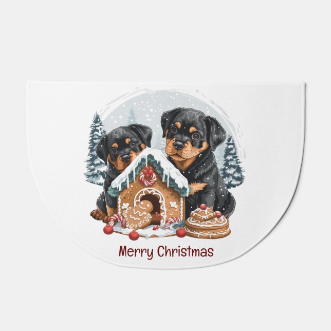 Merry Christmas Rottweiler Dogs Gingerbread House Doormat (Front)