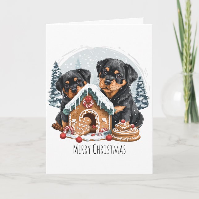 Merry Christmas Rottweiler Dogs Gingerbread House Holiday Card (Front)
