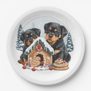 Merry Christmas Rottweiler Dogs Gingerbread House Paper Plates