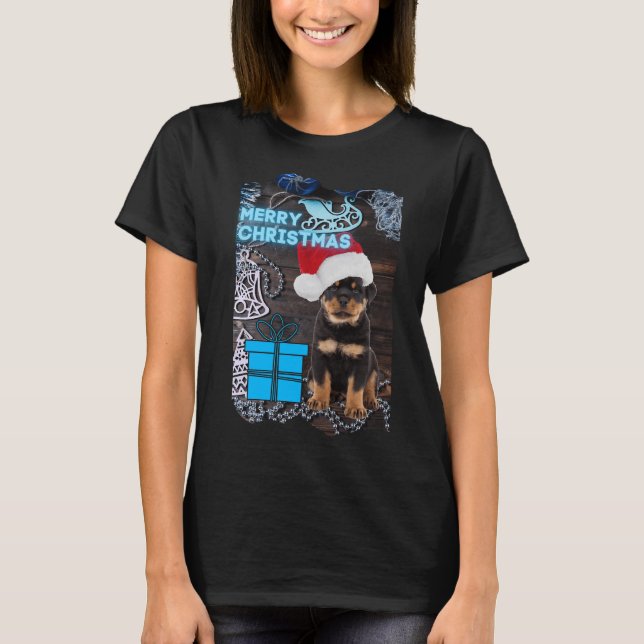 Merry Christmas Rottweiler Puppy With Present T-Shirt (Front)