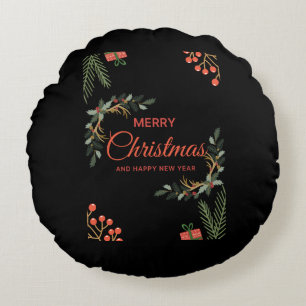 Merry Christmas Round Black Holiday Throw Pillow