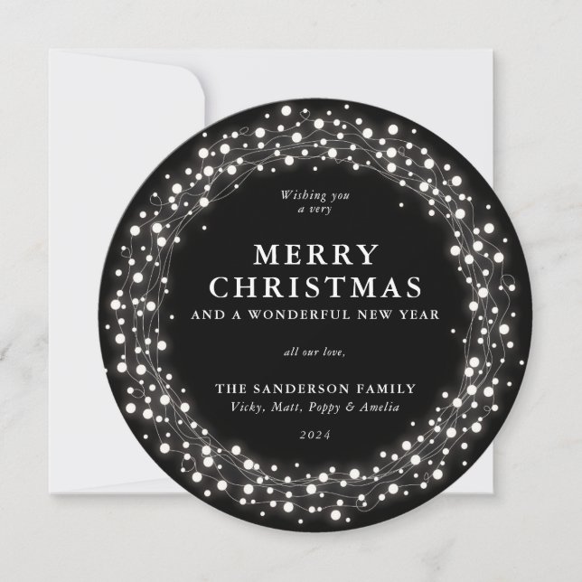 Merry Christmas Round Black Sparkling Lights Holiday Card (Front)