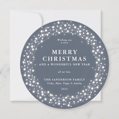 Merry Christmas Round Blue_Gray Sparkling Lights Holiday Card