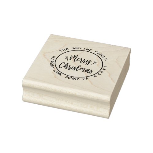 Merry Christmas Round Family Name Rubber Stamp