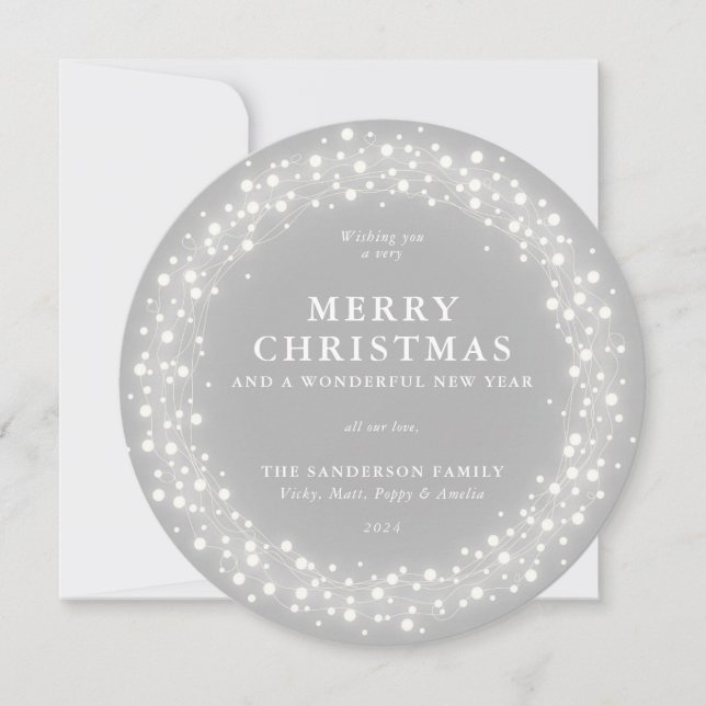 Merry Christmas Round Gray Sparkling Lights Holiday Card (Front)