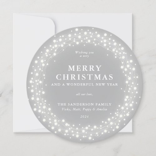 Merry Christmas Round Gray Sparkling Lights Holiday Card