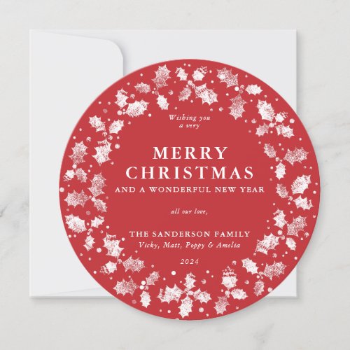 Merry Christmas Round Red Holly Wreath Holiday Card