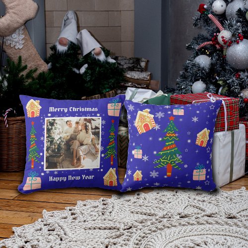 Merry Christmas Royal Blue Family Photo  Throw Pillow