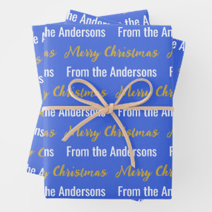 Merry Christmas Royal Blue White Gold Script Name Wrapping Paper Sheets