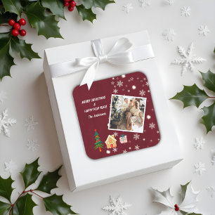 Merry Christmas Ruby Wine Family Photo  Square Sticker