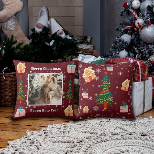 Merry Christmas Ruby Wine Family Photo  Throw Pillow